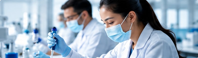Scientists working with pipettes in a laboratory